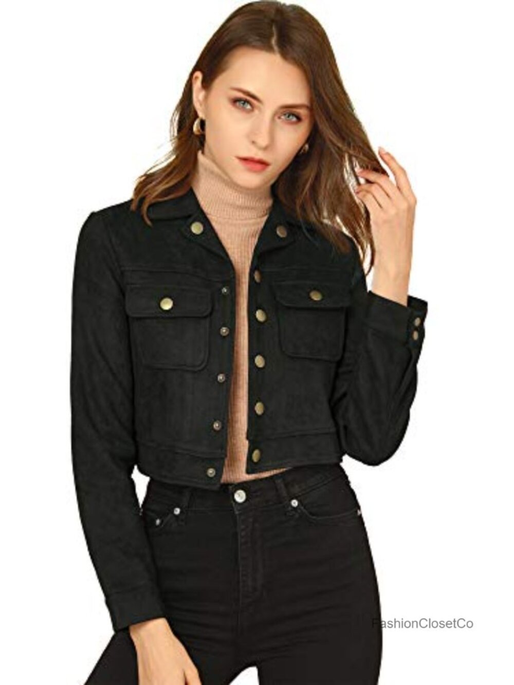 Faux Suede Cropped Jacket Button Snap Flap Pockets Notched Collar